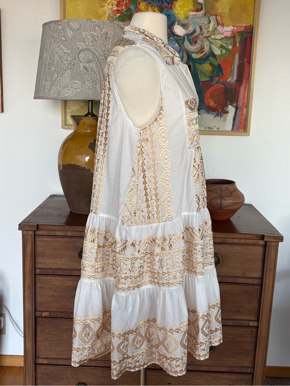 Greek Archaic Kori White and Gold Embroidered Sleeveless Tiered Dress - Picture 3 of 8